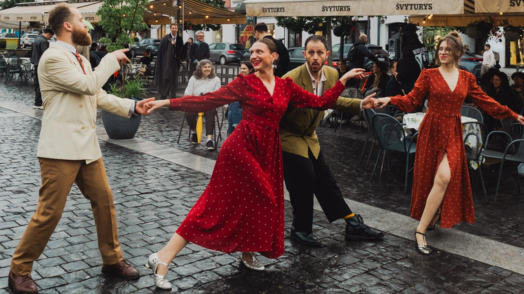 Nicholas Tapia at a Lindy Hop event, Who Hit John outdoors in Vilnius